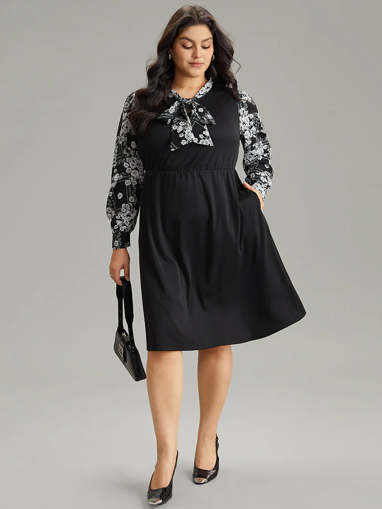 Geo Graphic Knot Neck Patchwork Elastic Waist Dress - Image 3