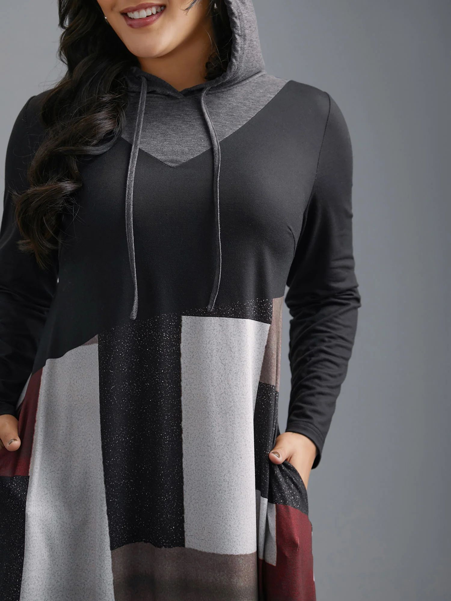 Geo Print Hooded Drawstring Pockets Dress - Image 2