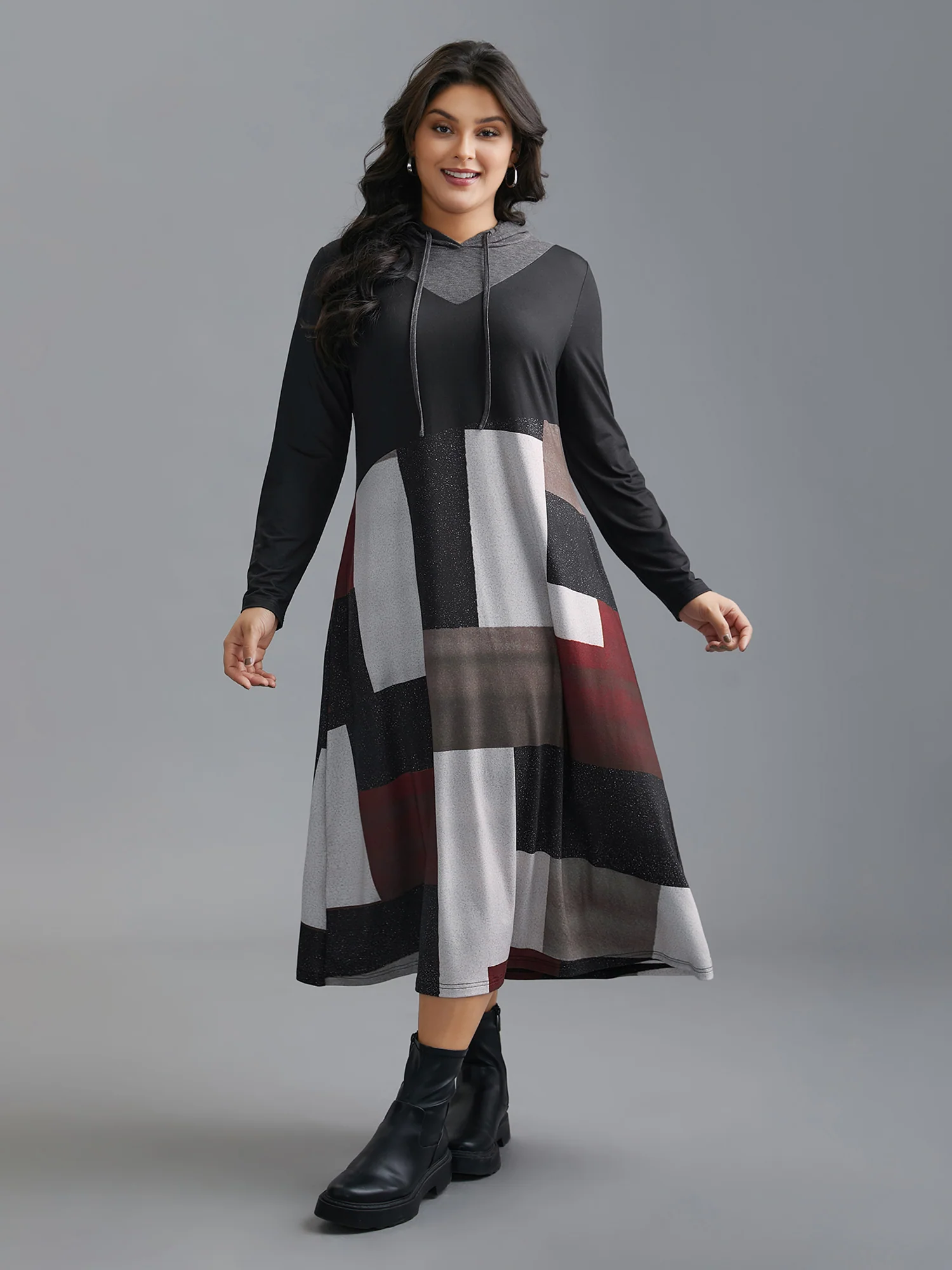 Geo Print Hooded Drawstring Pockets Dress - Image 3