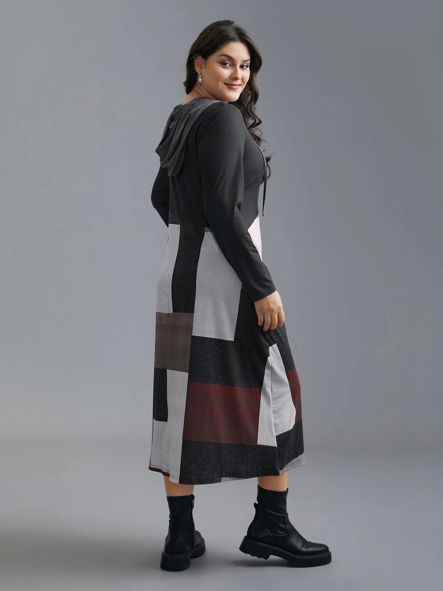 Geo Print Hooded Drawstring Pockets Dress - Image 4