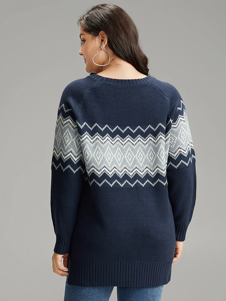 Geo Raglan Sleeve Elastic Hem Pullover - Image 2