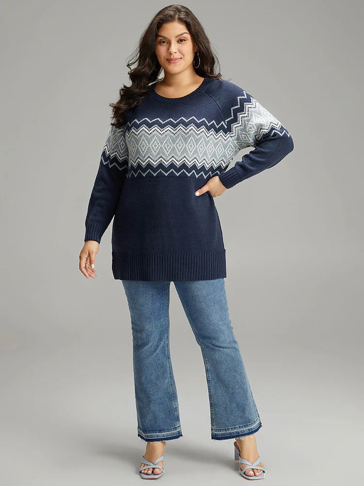 Geo Raglan Sleeve Elastic Hem Pullover - Image 3