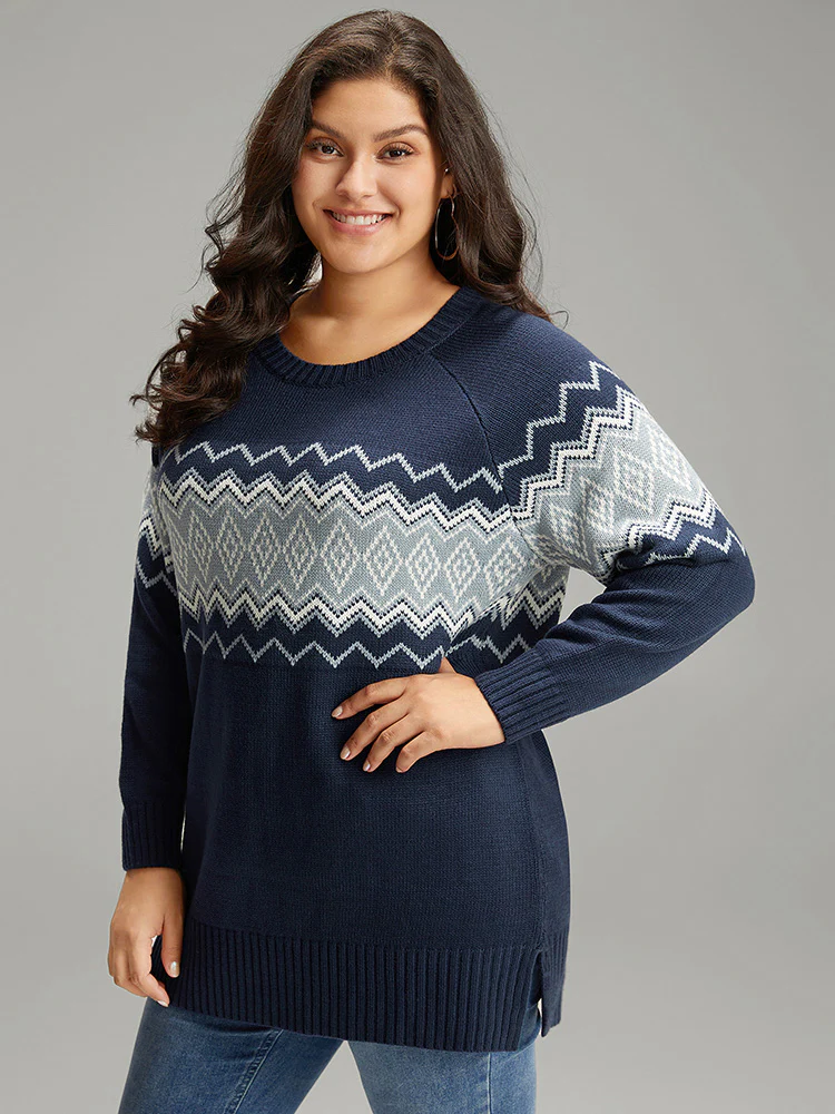 Geo Raglan Sleeve Elastic Hem Pullover - Image 4
