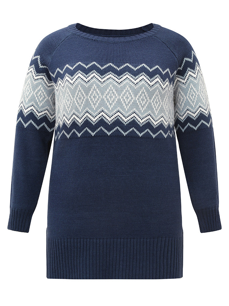 Geo Raglan Sleeve Elastic Hem Pullover - Image 8