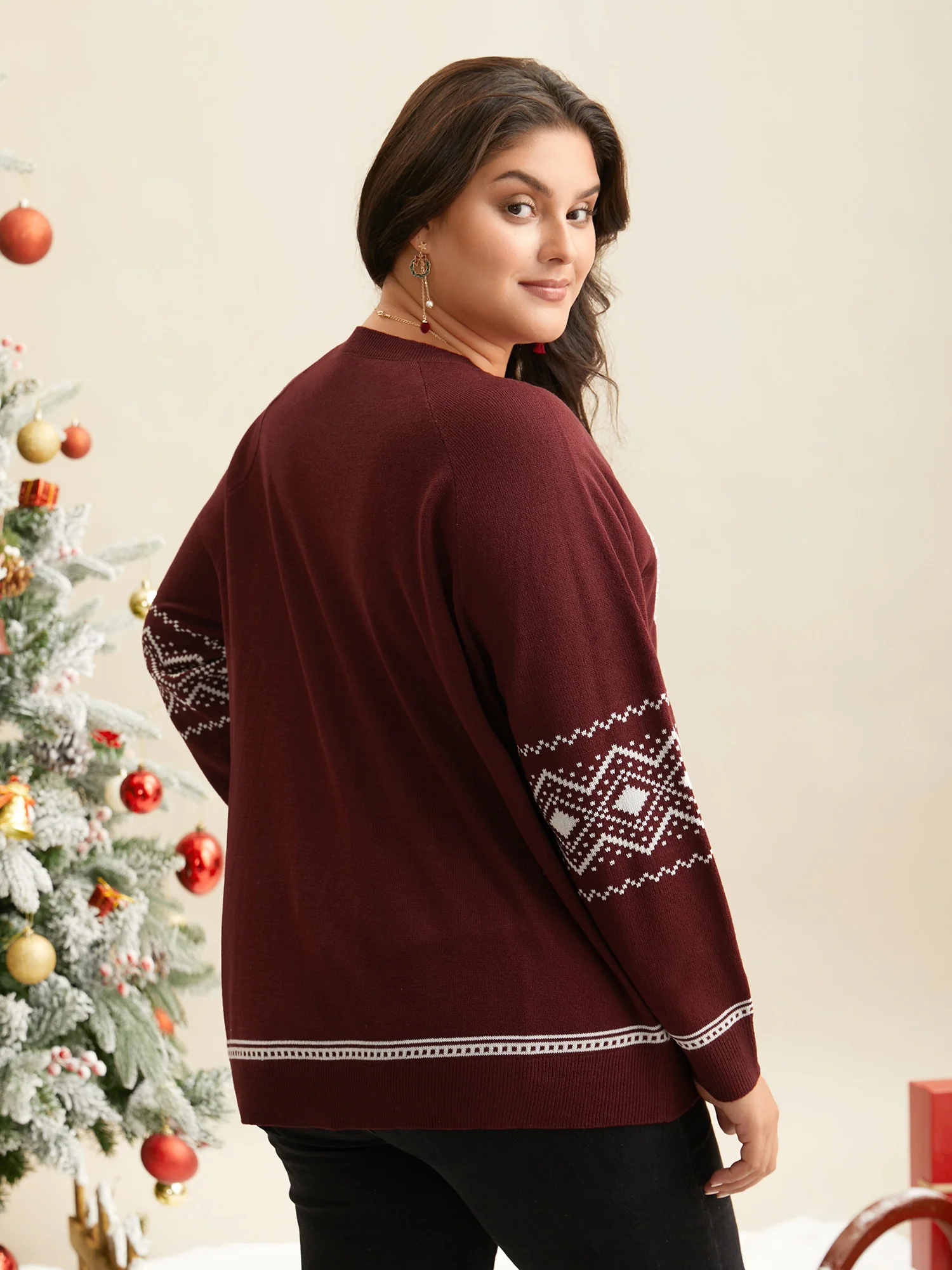 Geo Reindeer Printed Sleeves Straight Fit Pullover - Image 2