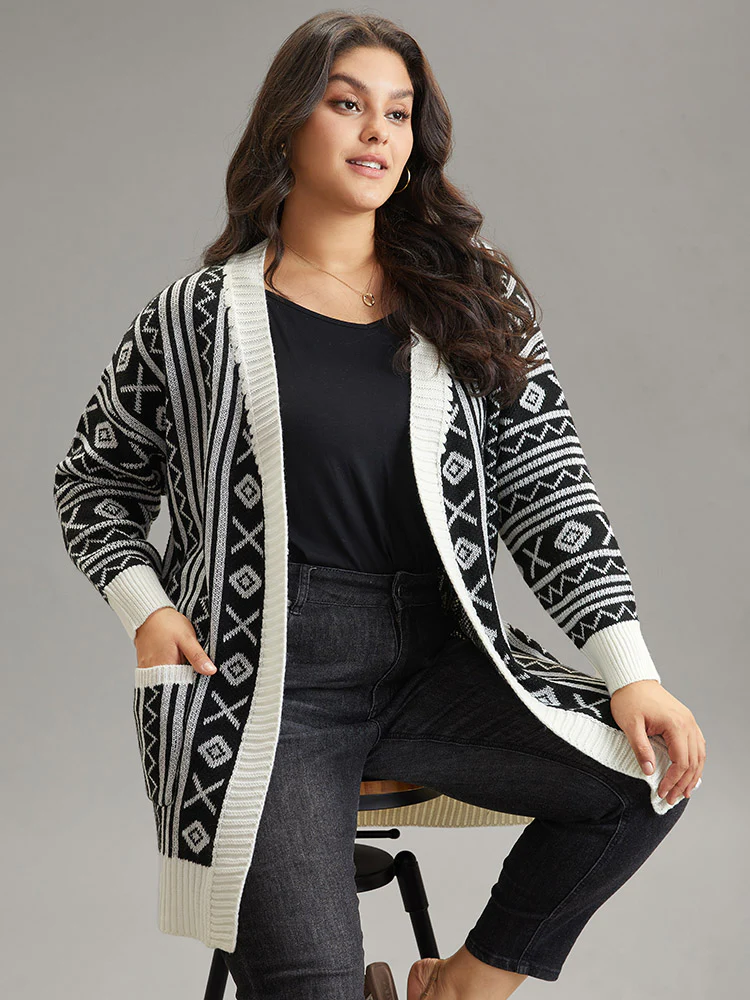 Geometric Bandana Contrast Pocket Cardigan - Image 3
