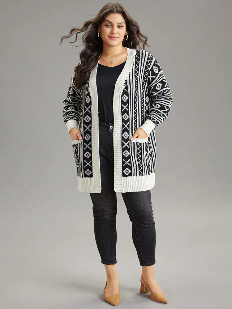 Geometric Bandana Contrast Pocket Cardigan - Image 4