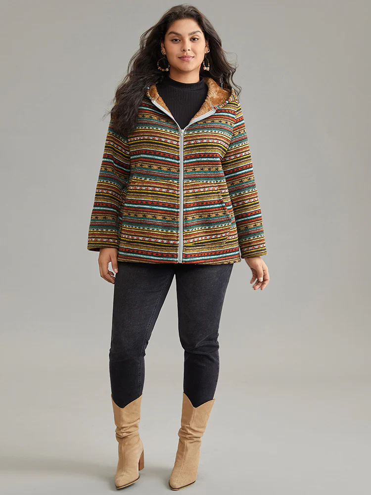Geometric Bandana Fluffy Hooded Zipper Jacket - Image 2