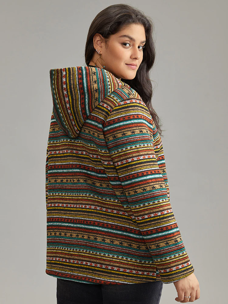 Geometric Bandana Fluffy Hooded Zipper Jacket - Image 3