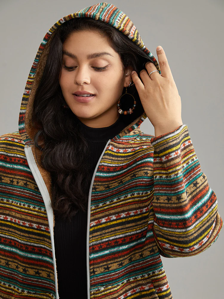 Geometric Bandana Fluffy Hooded Zipper Jacket - Image 4