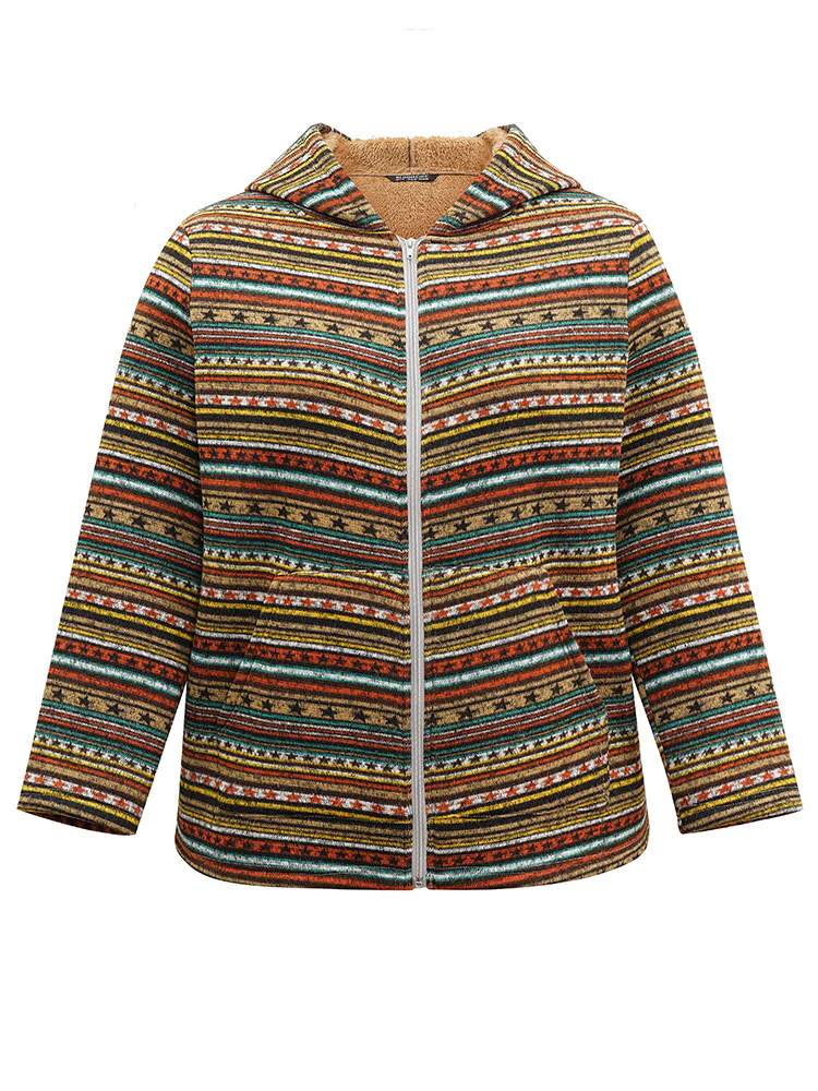 Geometric Bandana Fluffy Hooded Zipper Jacket - Image 5