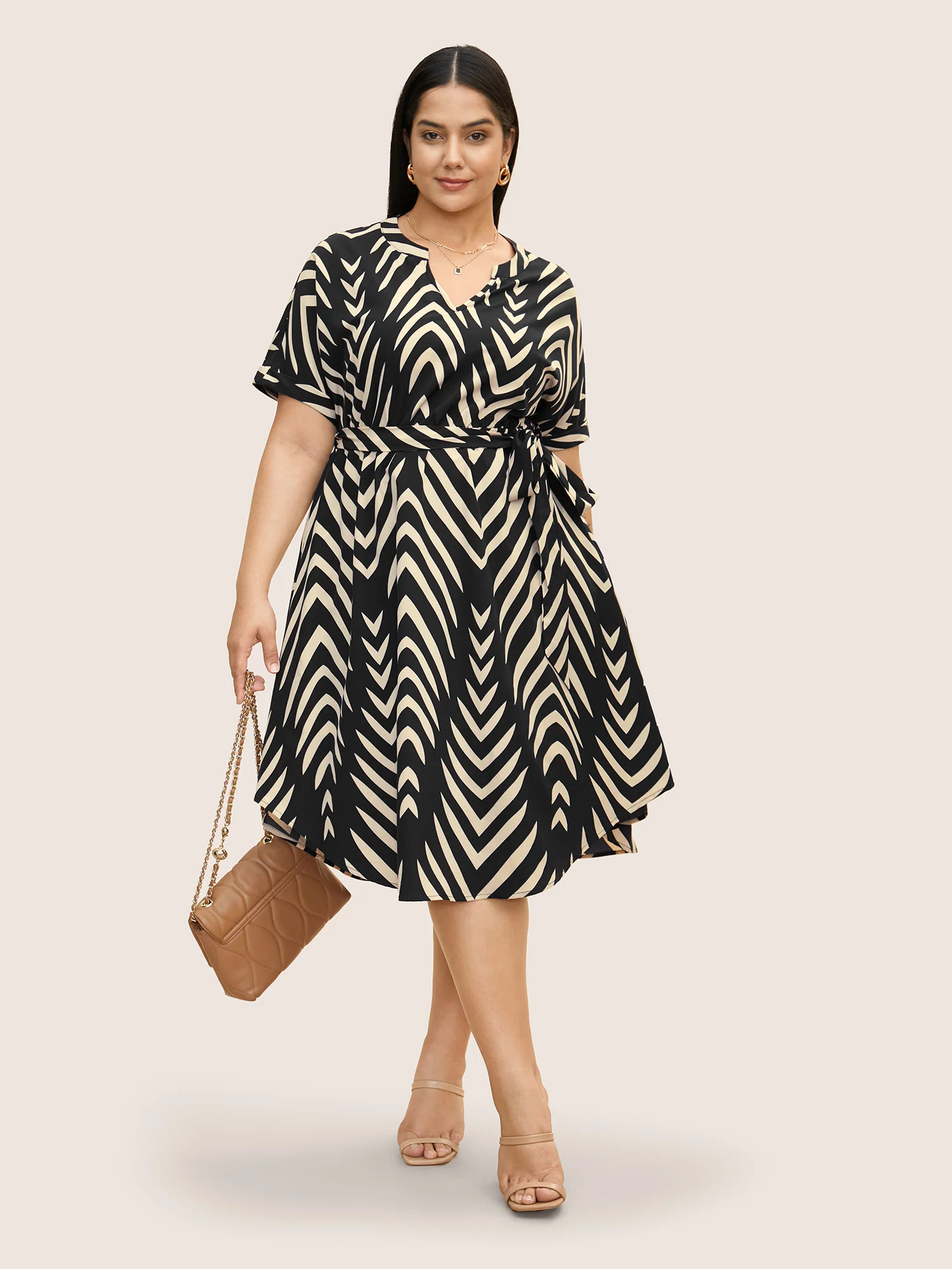Geometric Belted Dolman Sleeve Curved Hem Dress - Image 12