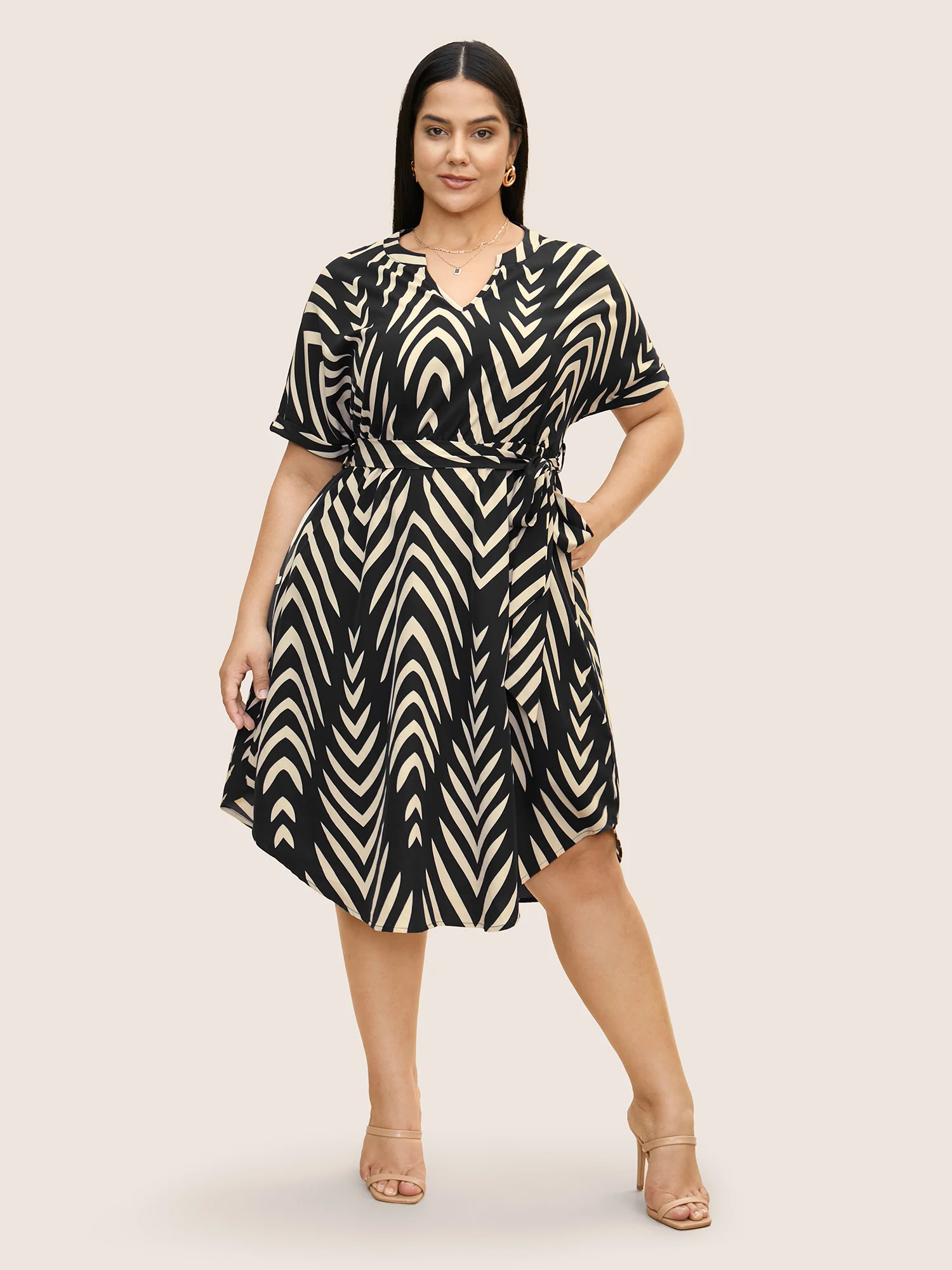 Geometric Belted Dolman Sleeve Curved Hem Dress - Image 13
