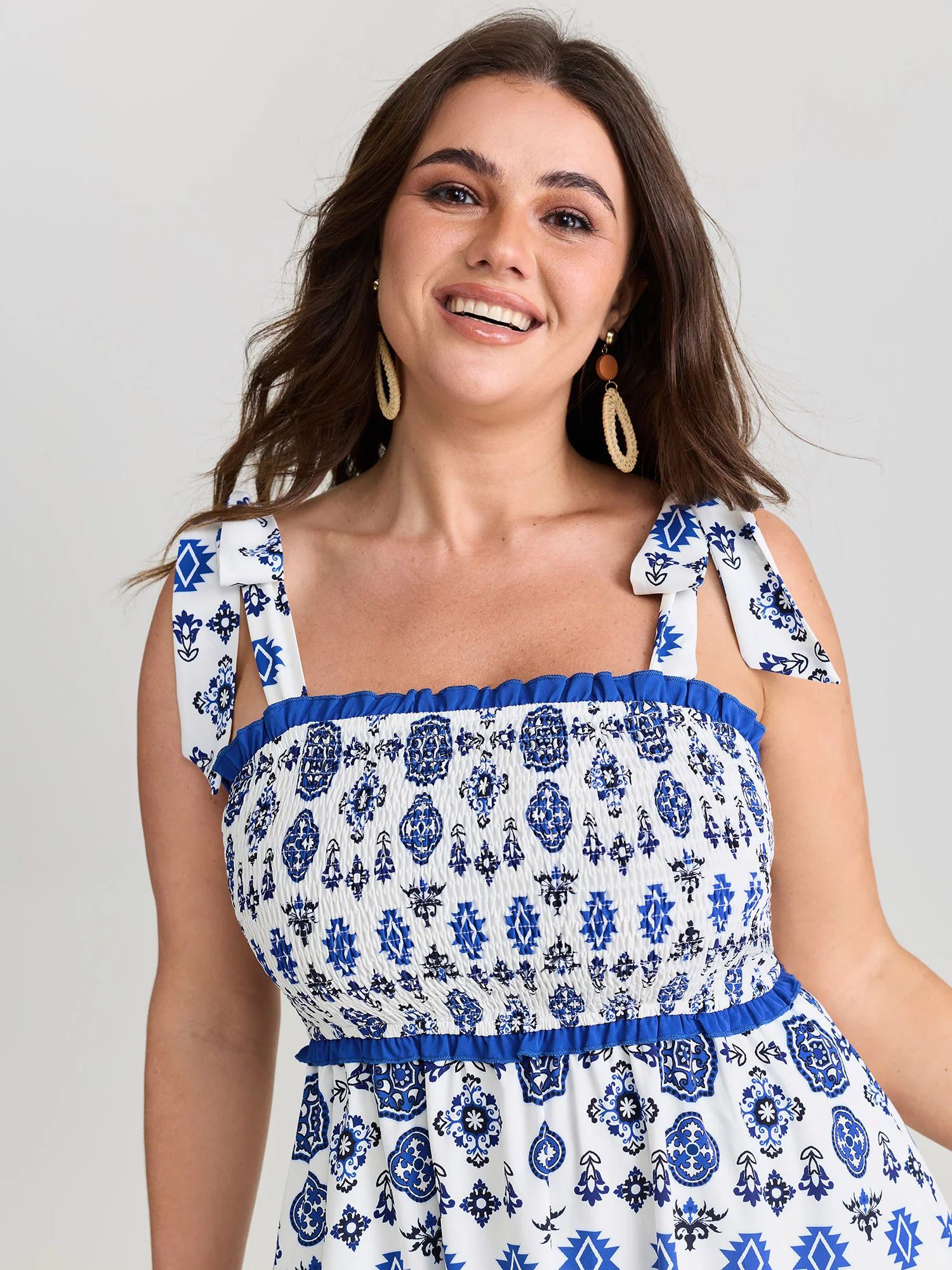 Geometric Boho Print Shoulder-Tie Contrast Maxi Dress - Image 2