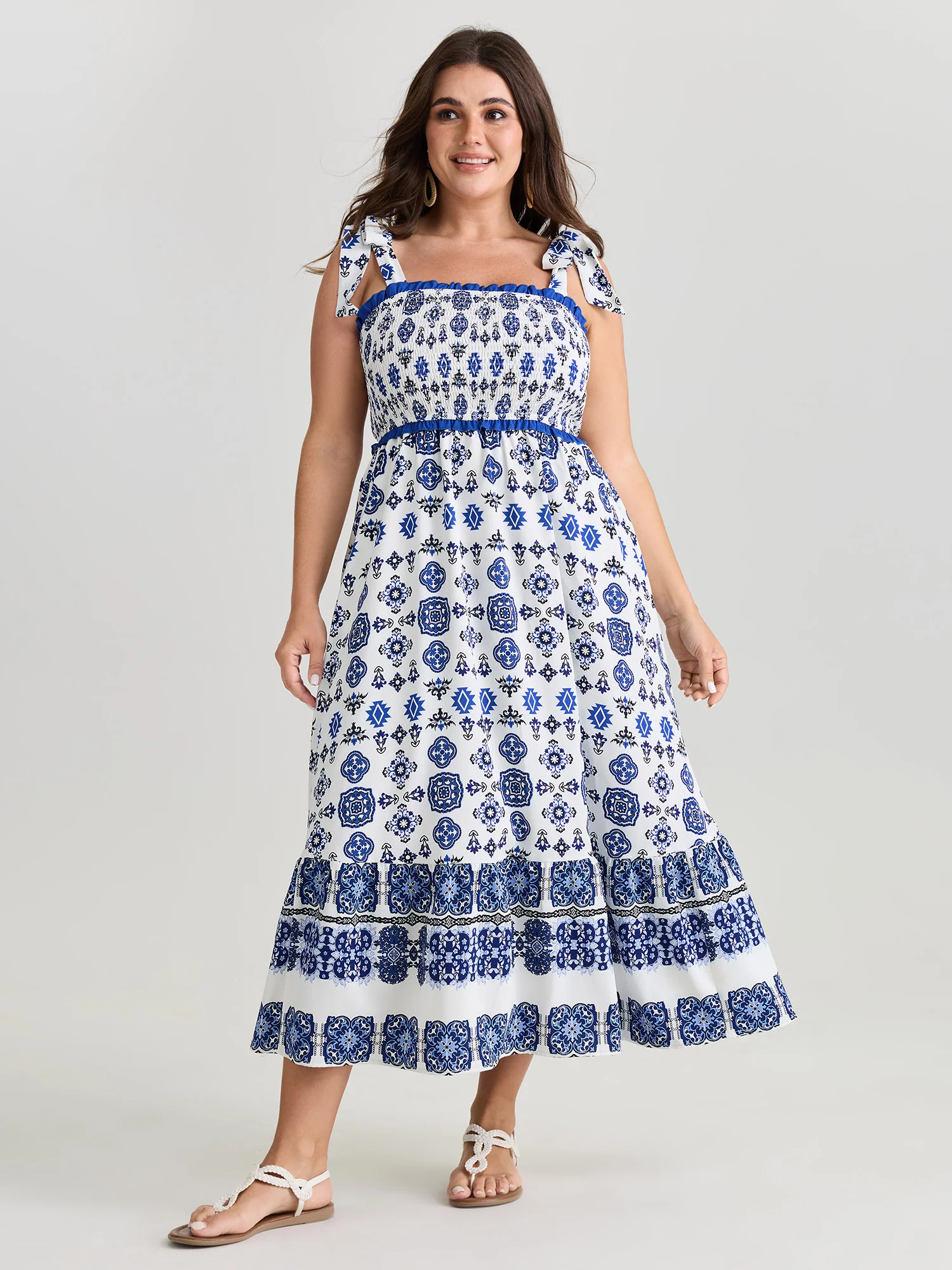 Geometric Boho Print Shoulder-Tie Contrast Maxi Dress - Image 3