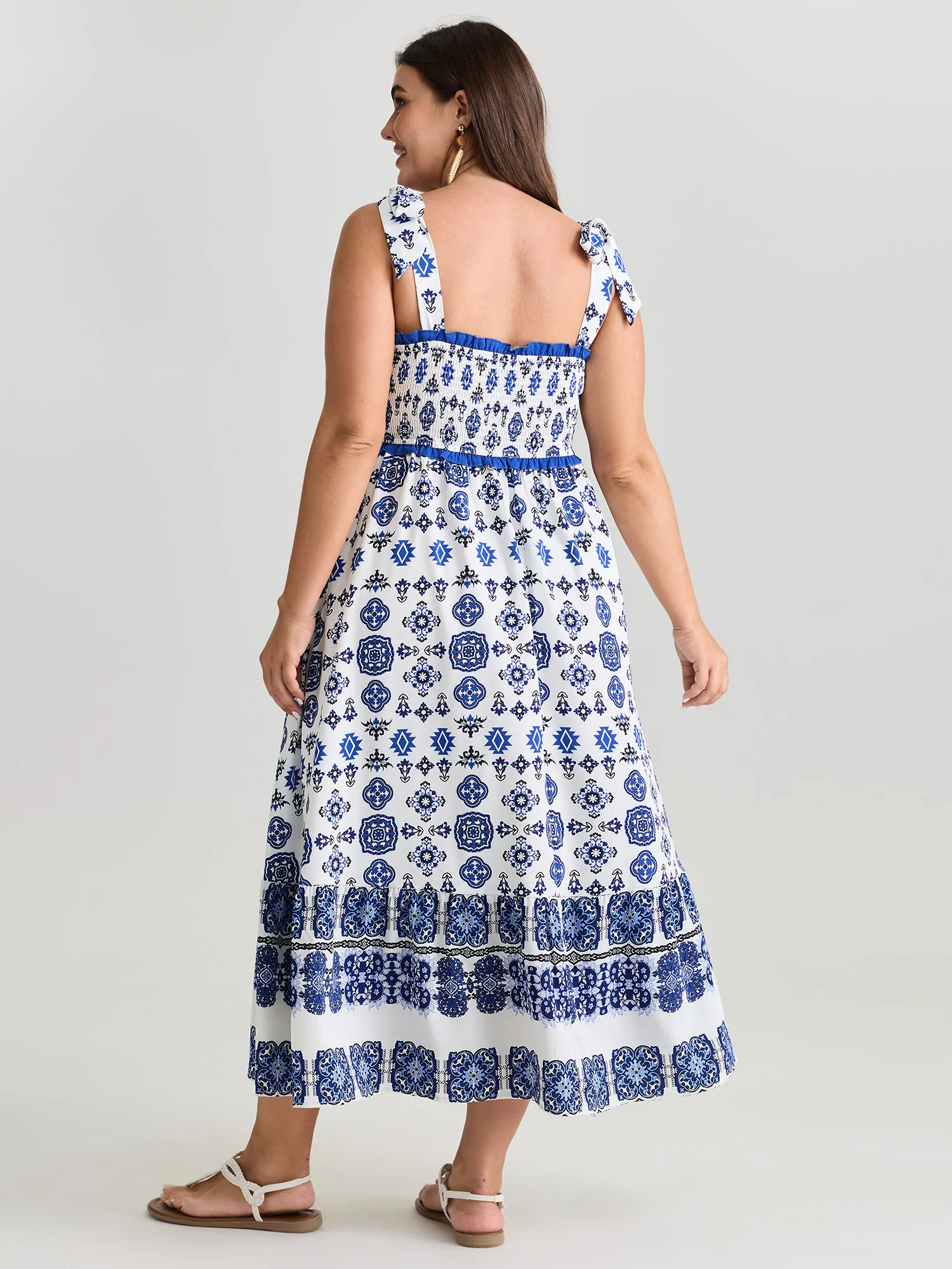 Geometric Boho Print Shoulder-Tie Contrast Maxi Dress - Image 4
