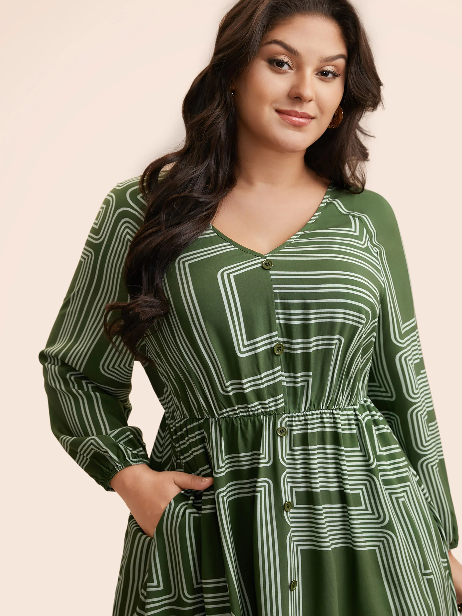 Geometric Button Detail Lantern Sleeve Dress - Image 2