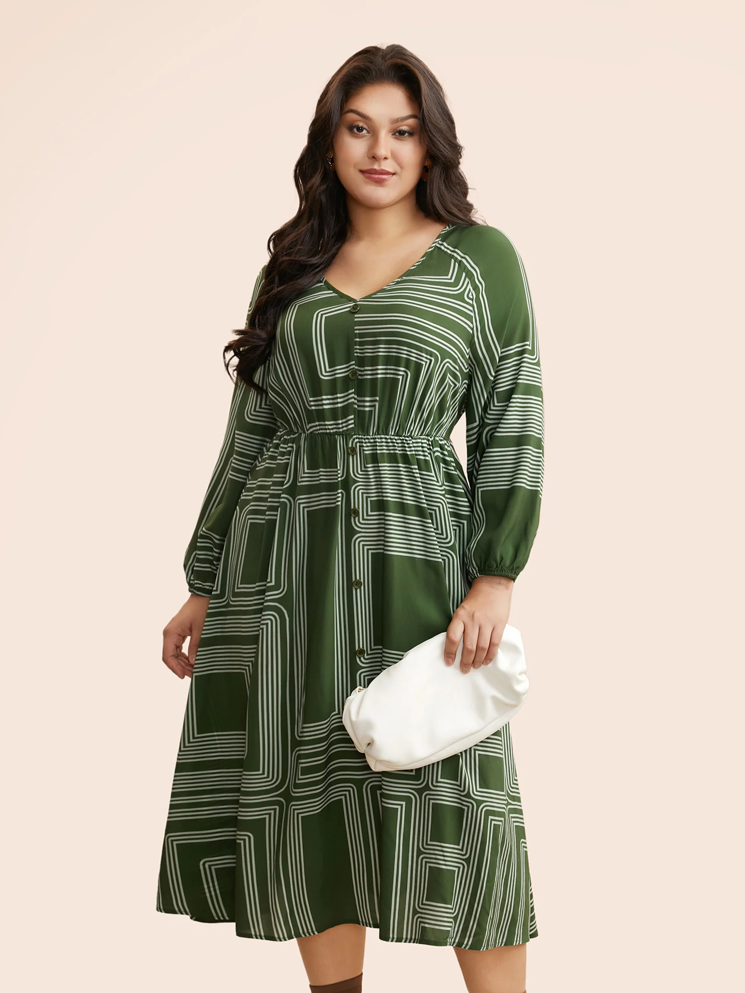 Geometric Button Detail Lantern Sleeve Dress - Image 3
