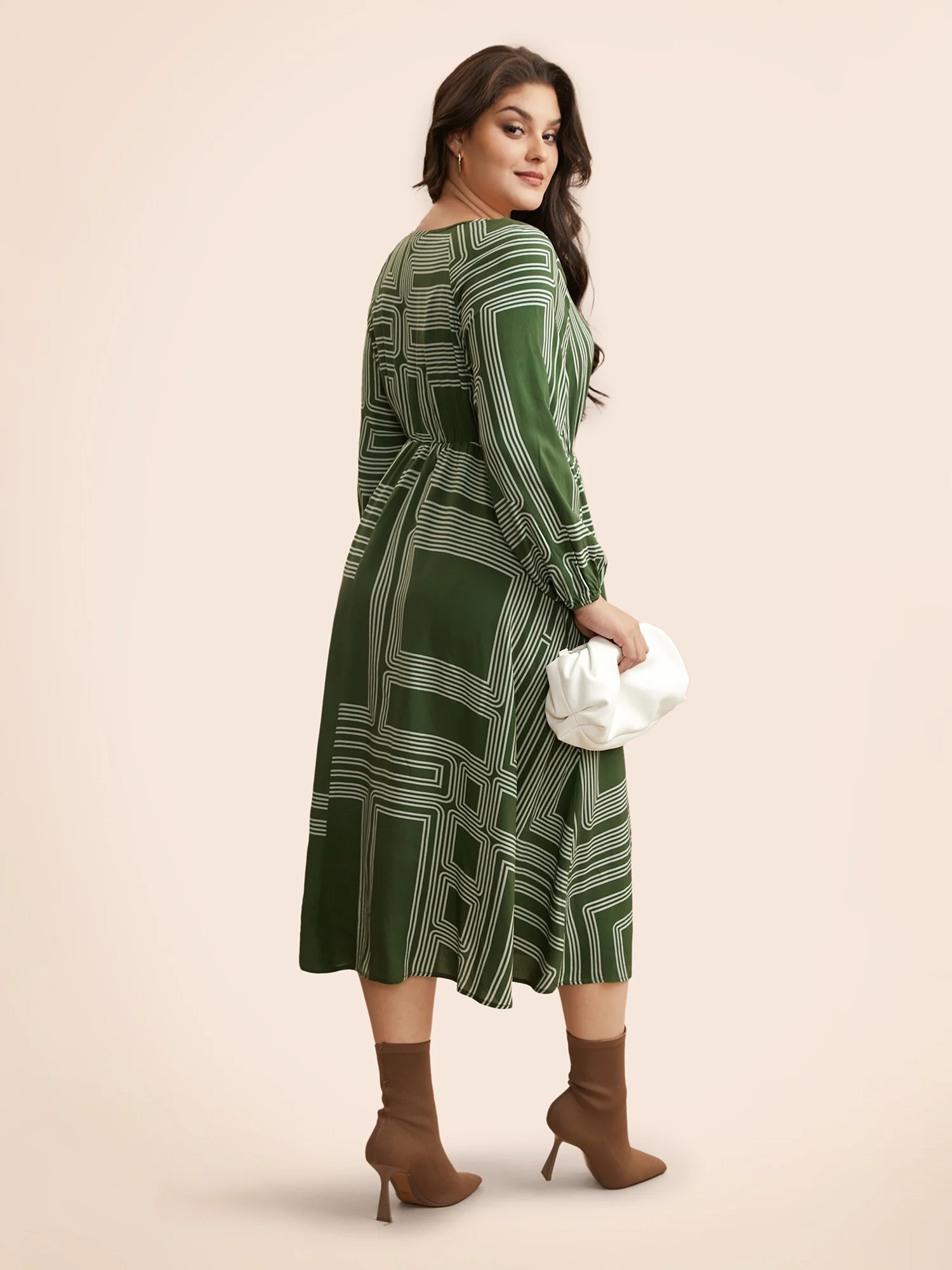 Geometric Button Detail Lantern Sleeve Dress - Image 4