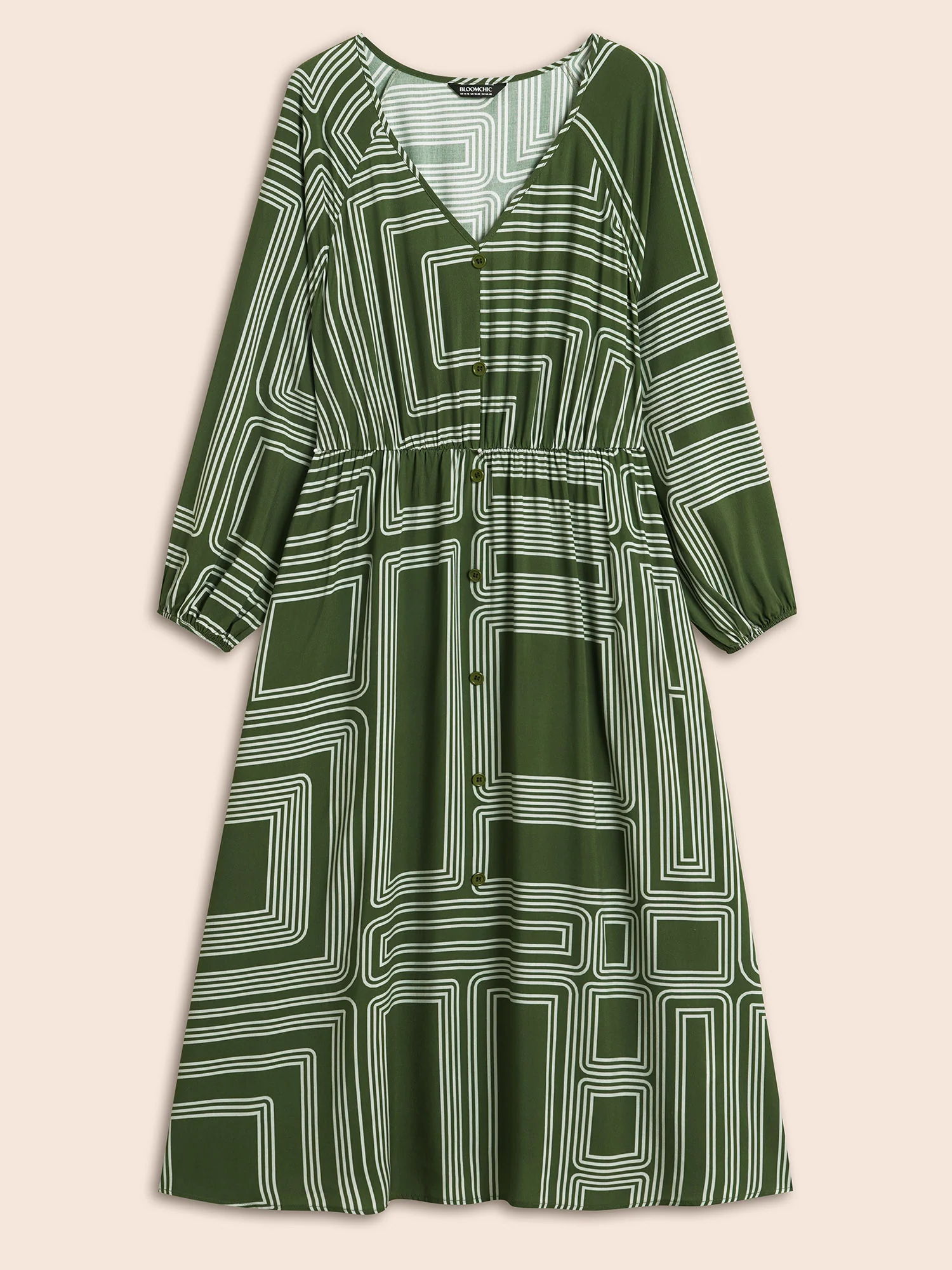 Geometric Button Detail Lantern Sleeve Dress - Image 7