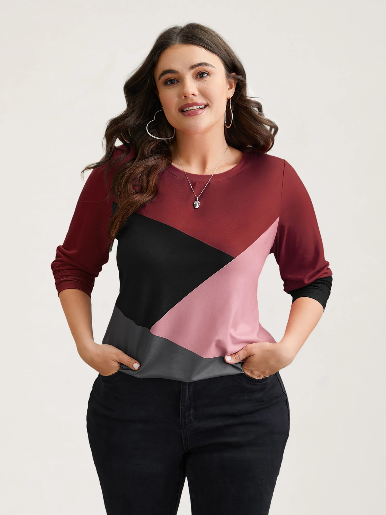 Geometric Color Block Curved Hem Top - Image 2