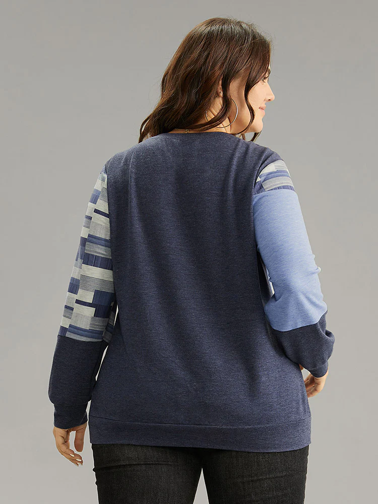 Geometric Colorblock Contrast Crew Neck Sweatshirt - Image 2