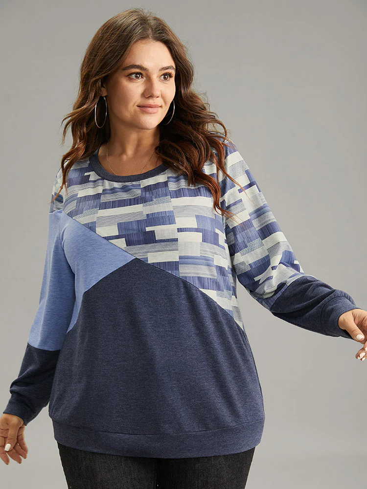 Geometric Colorblock Contrast Crew Neck Sweatshirt - Image 3