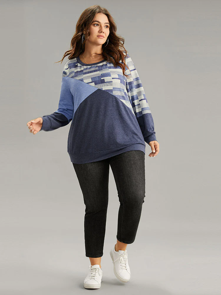 Geometric Colorblock Contrast Crew Neck Sweatshirt - Image 5