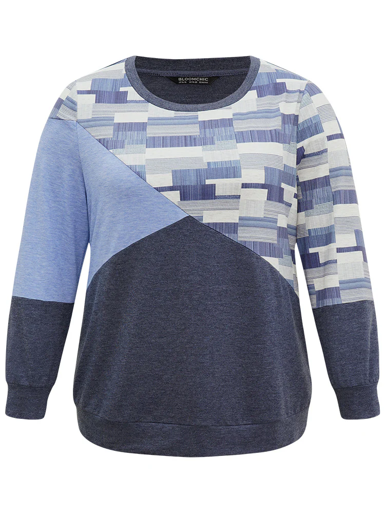 Geometric Colorblock Contrast Crew Neck Sweatshirt - Image 6