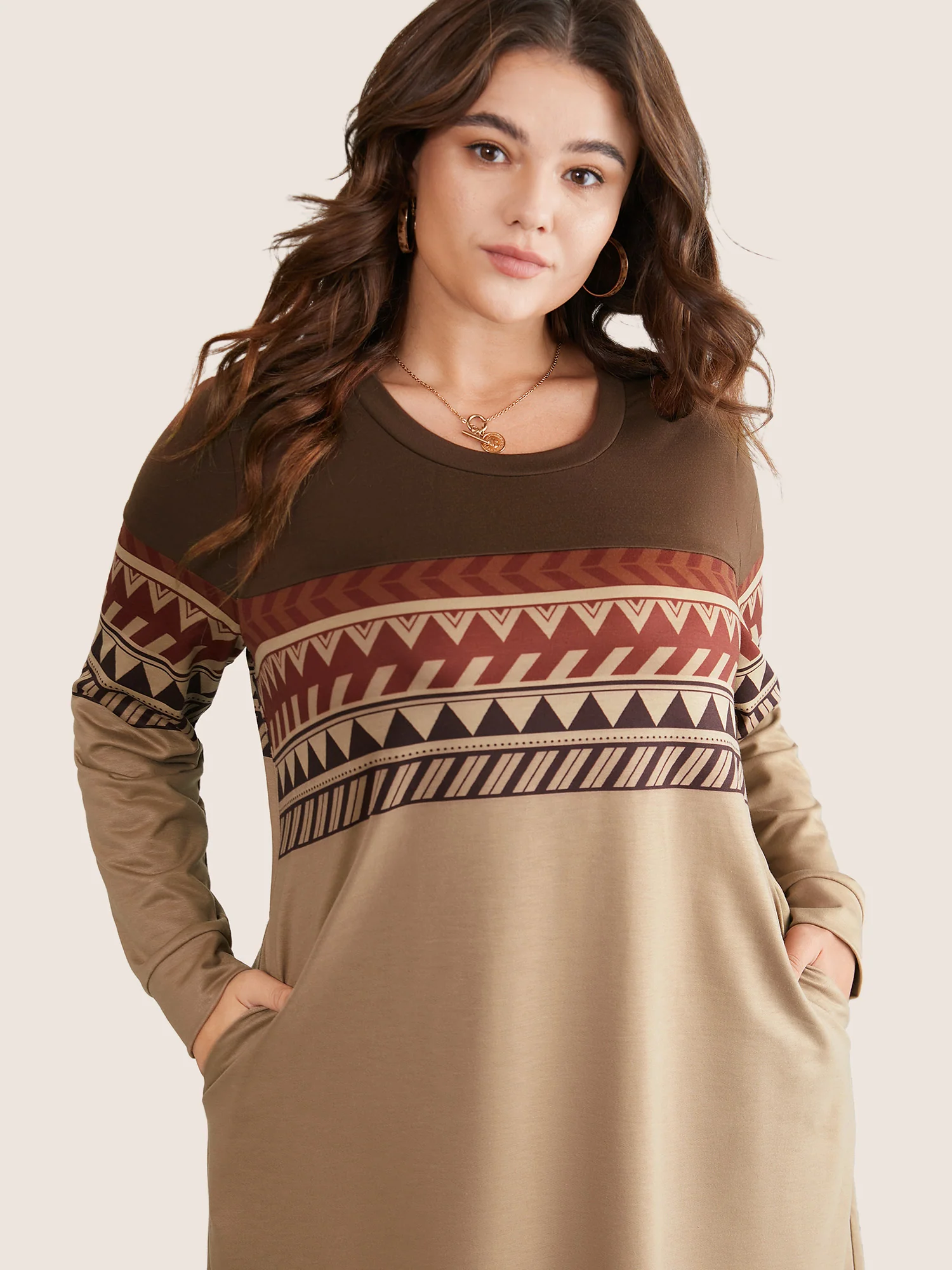 Geometric Colorblock Pocket Midi Dress - Image 4