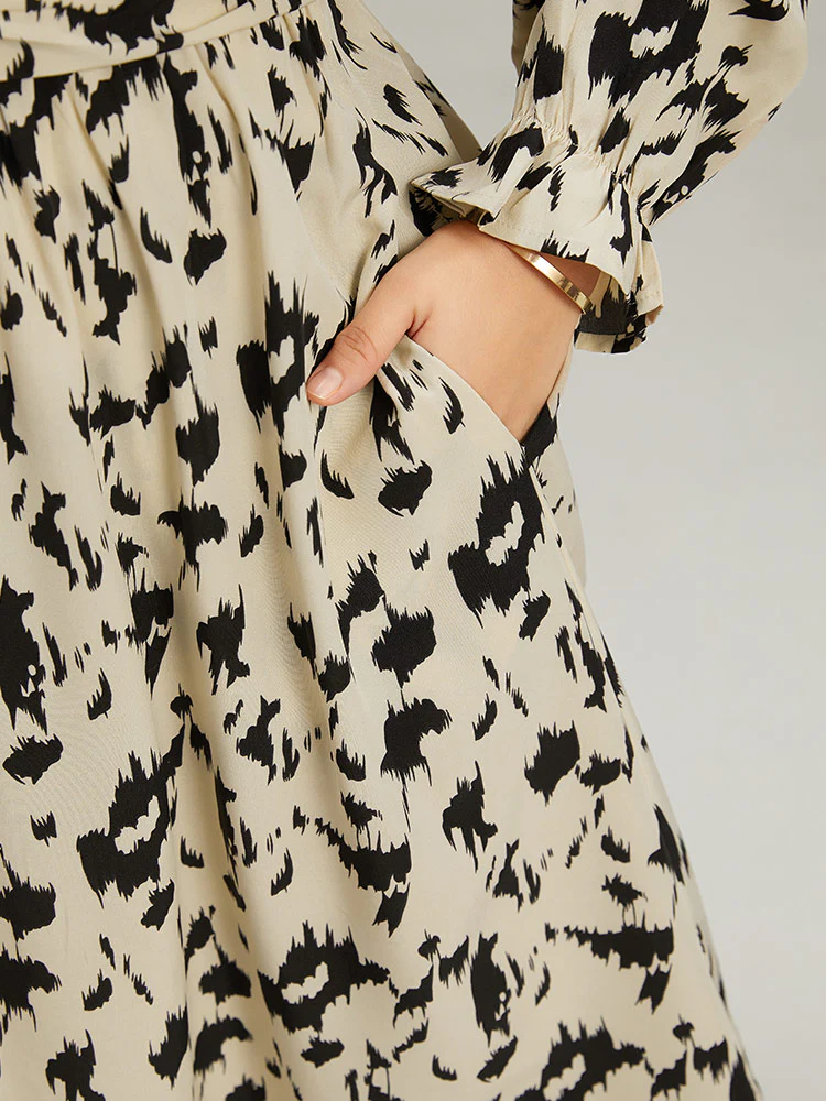 Geometric Contrast Belted Elastic Cuffs Dress - Image 8