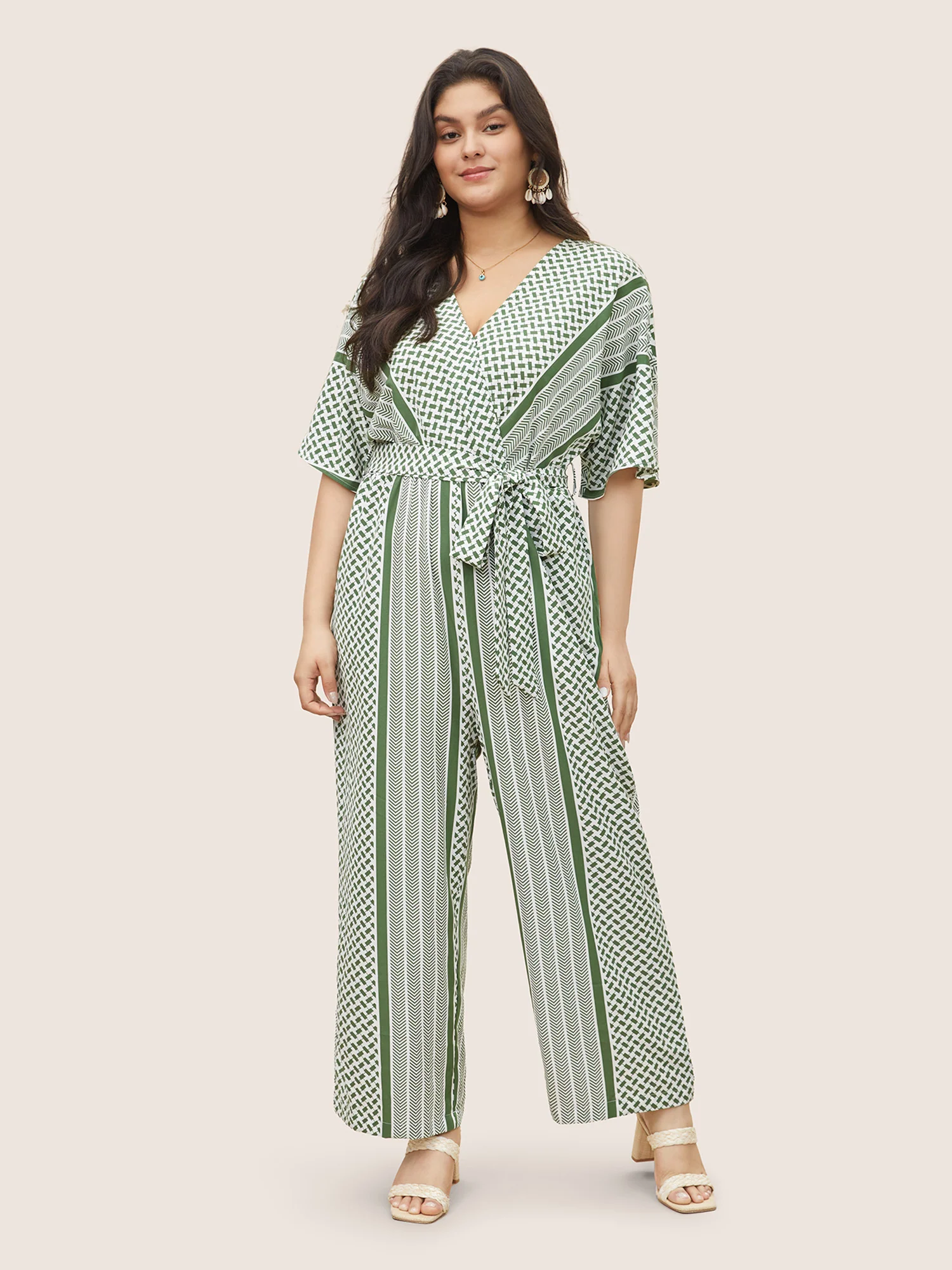 Geometric Contrast Dolman Sleeve Pocket Belted Wrap Jumpsuit - Image 2
