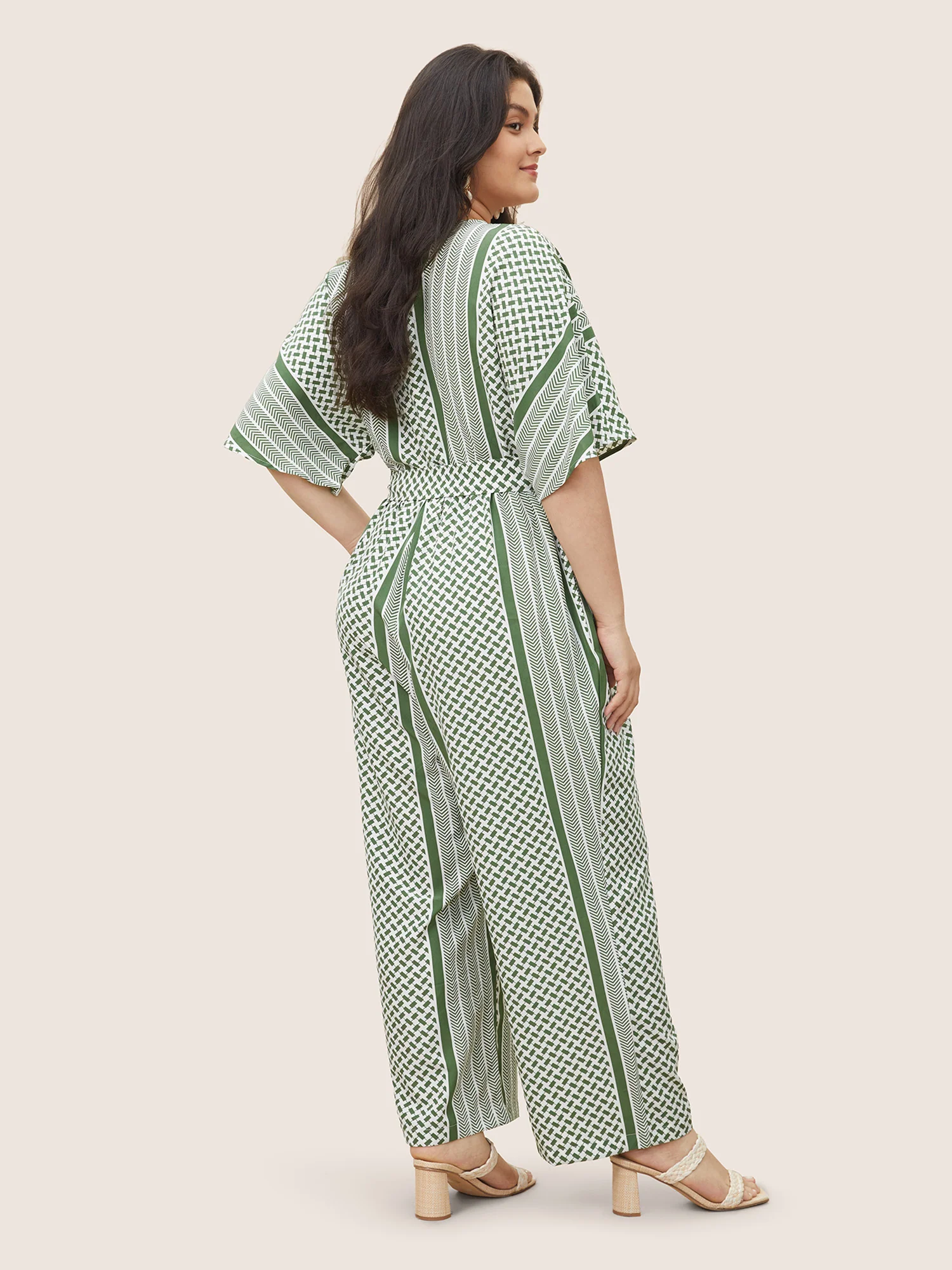 Geometric Contrast Dolman Sleeve Pocket Belted Wrap Jumpsuit - Image 3