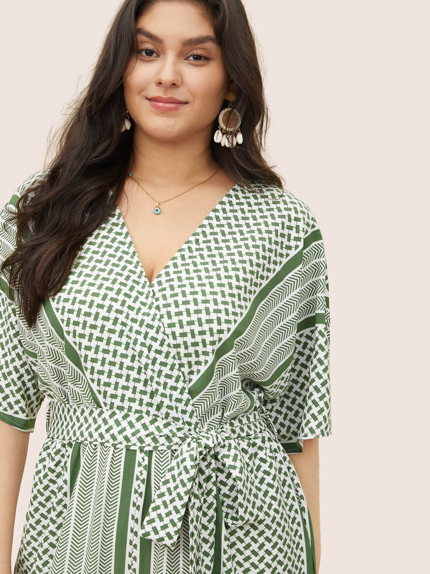 Geometric Contrast Dolman Sleeve Pocket Belted Wrap Jumpsuit - Image 4