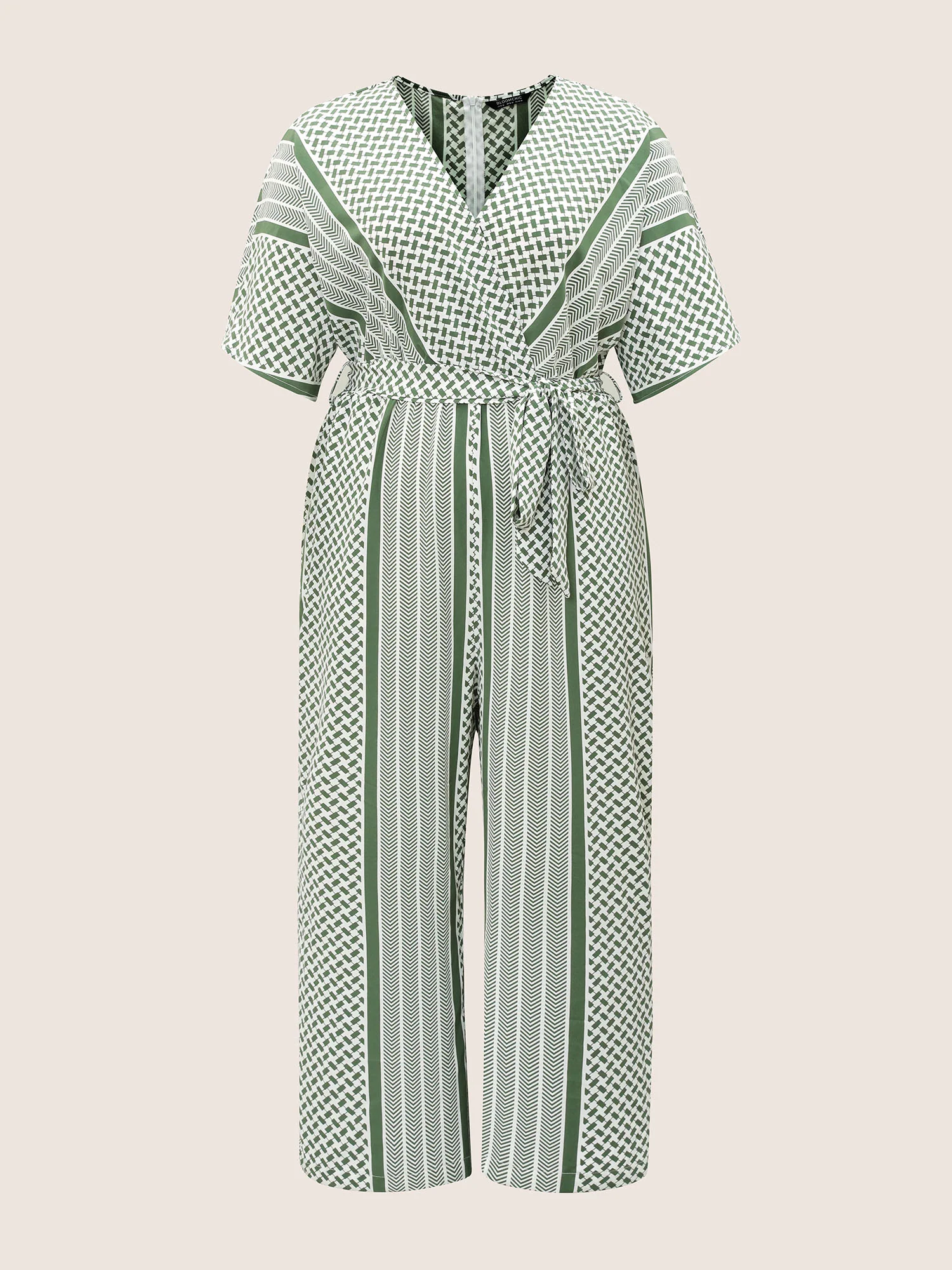 Geometric Contrast Dolman Sleeve Pocket Belted Wrap Jumpsuit - Image 7
