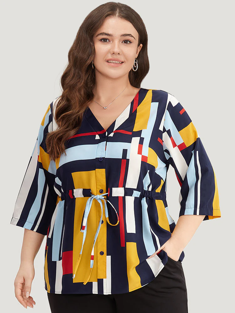 Geometric Contrast Drawstring Button Up Blouse - Image 2