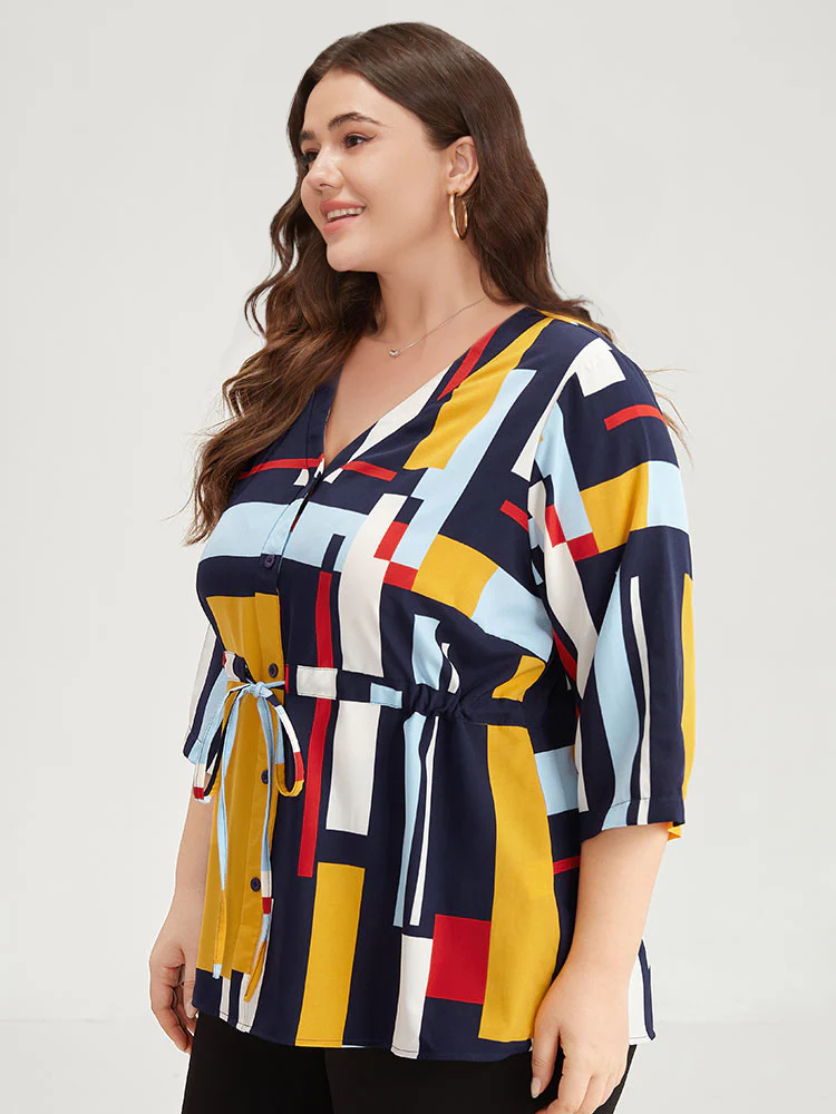 Geometric Contrast Drawstring Button Up Blouse - Image 3