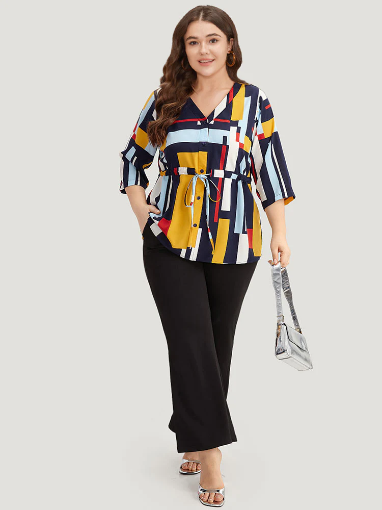 Geometric Contrast Drawstring Button Up Blouse - Image 4