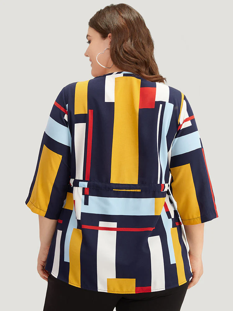 Geometric Contrast Drawstring Button Up Blouse - Image 5