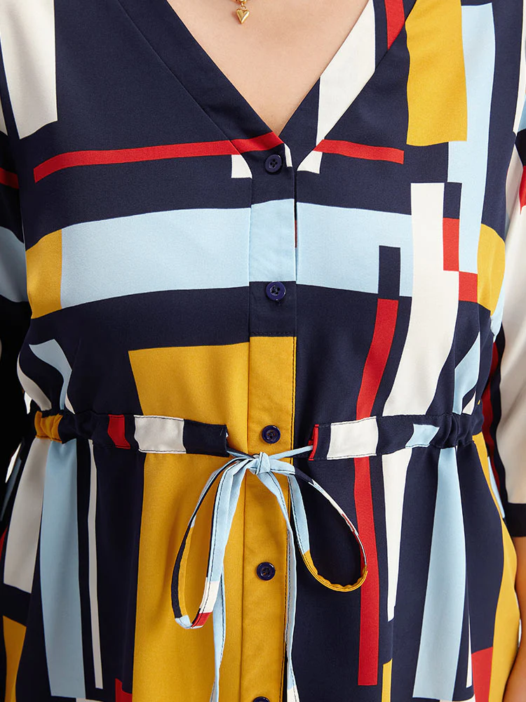 Geometric Contrast Drawstring Button Up Blouse - Image 6