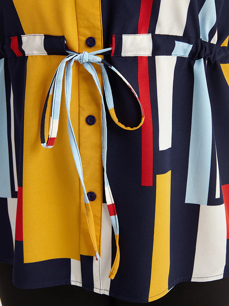 Geometric Contrast Drawstring Button Up Blouse - Image 7