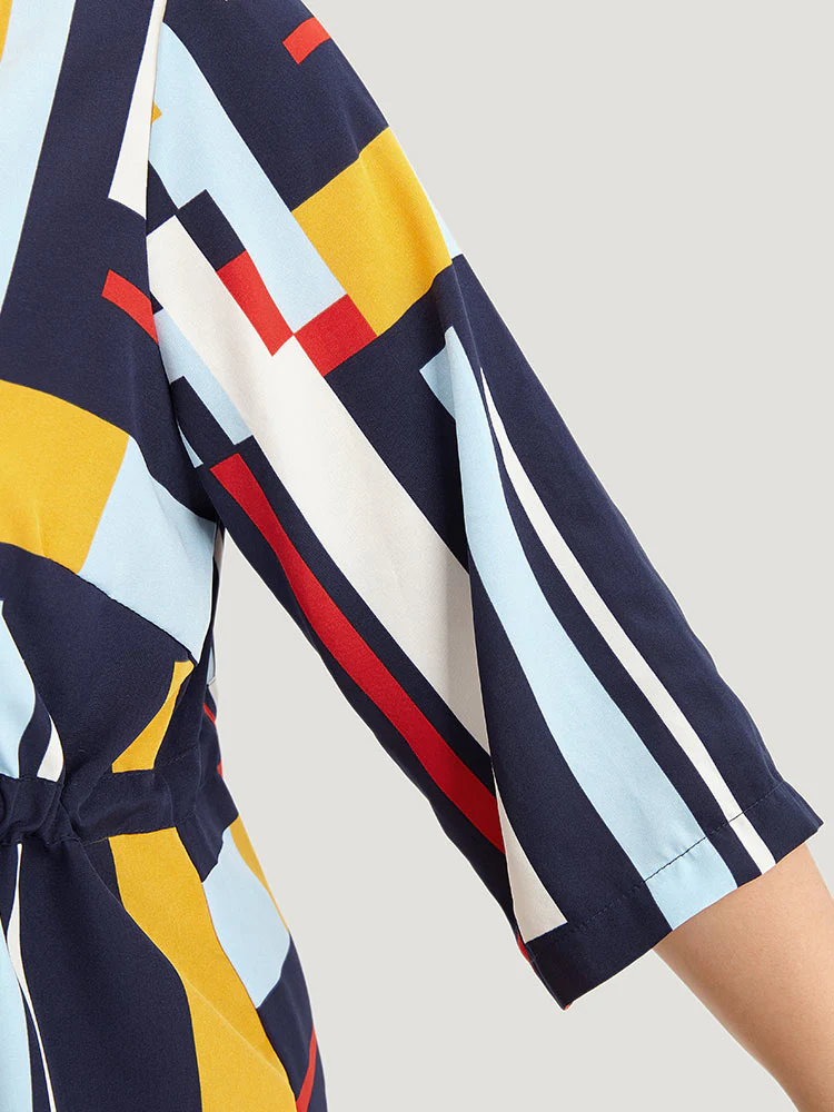 Geometric Contrast Drawstring Button Up Blouse - Image 8