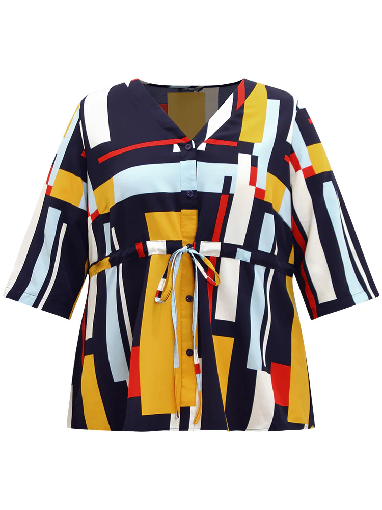 Geometric Contrast Drawstring Button Up Blouse - Image 9