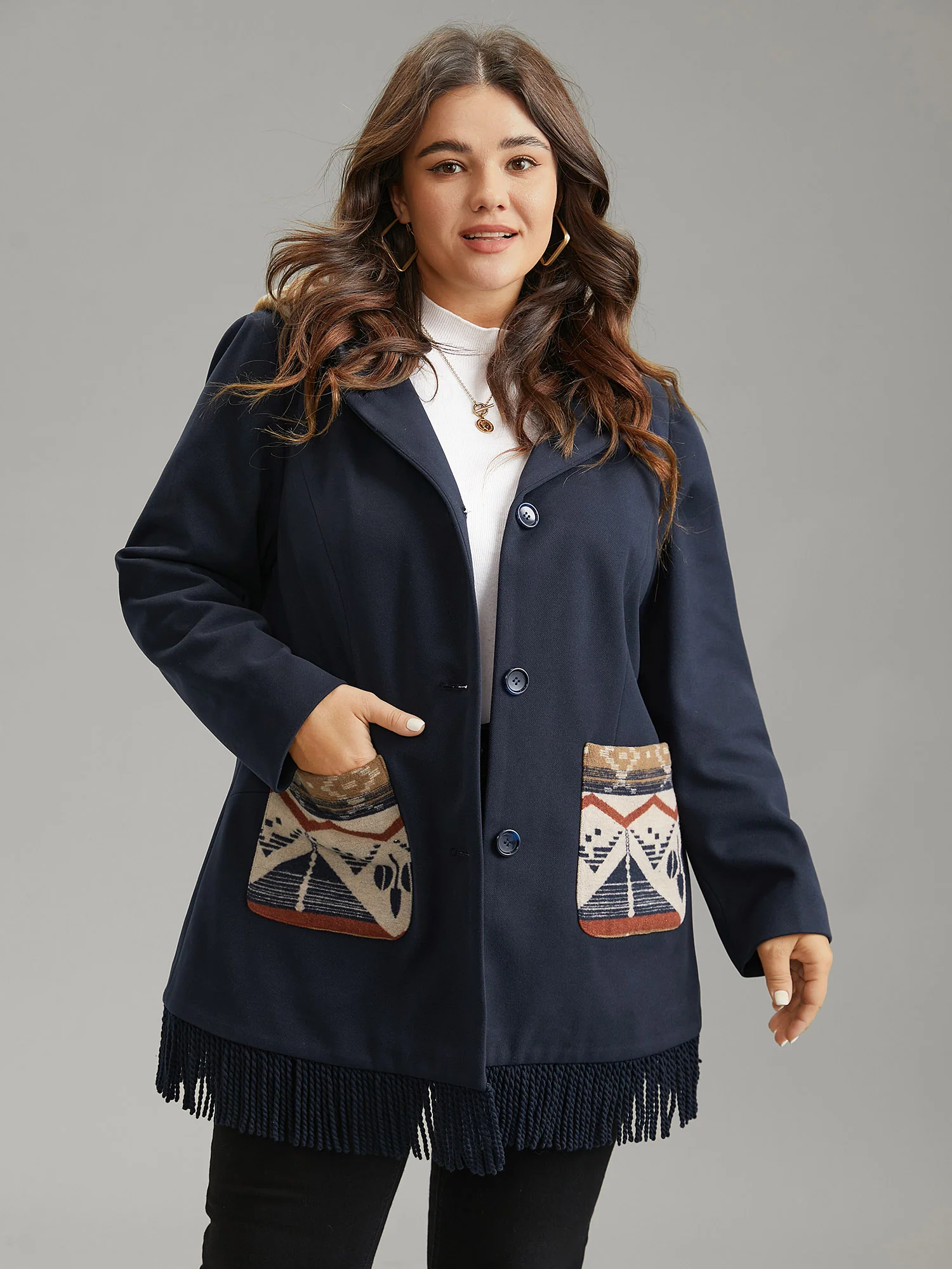 Geometric Contrast Hooded Tassel Trim Coat - Image 2