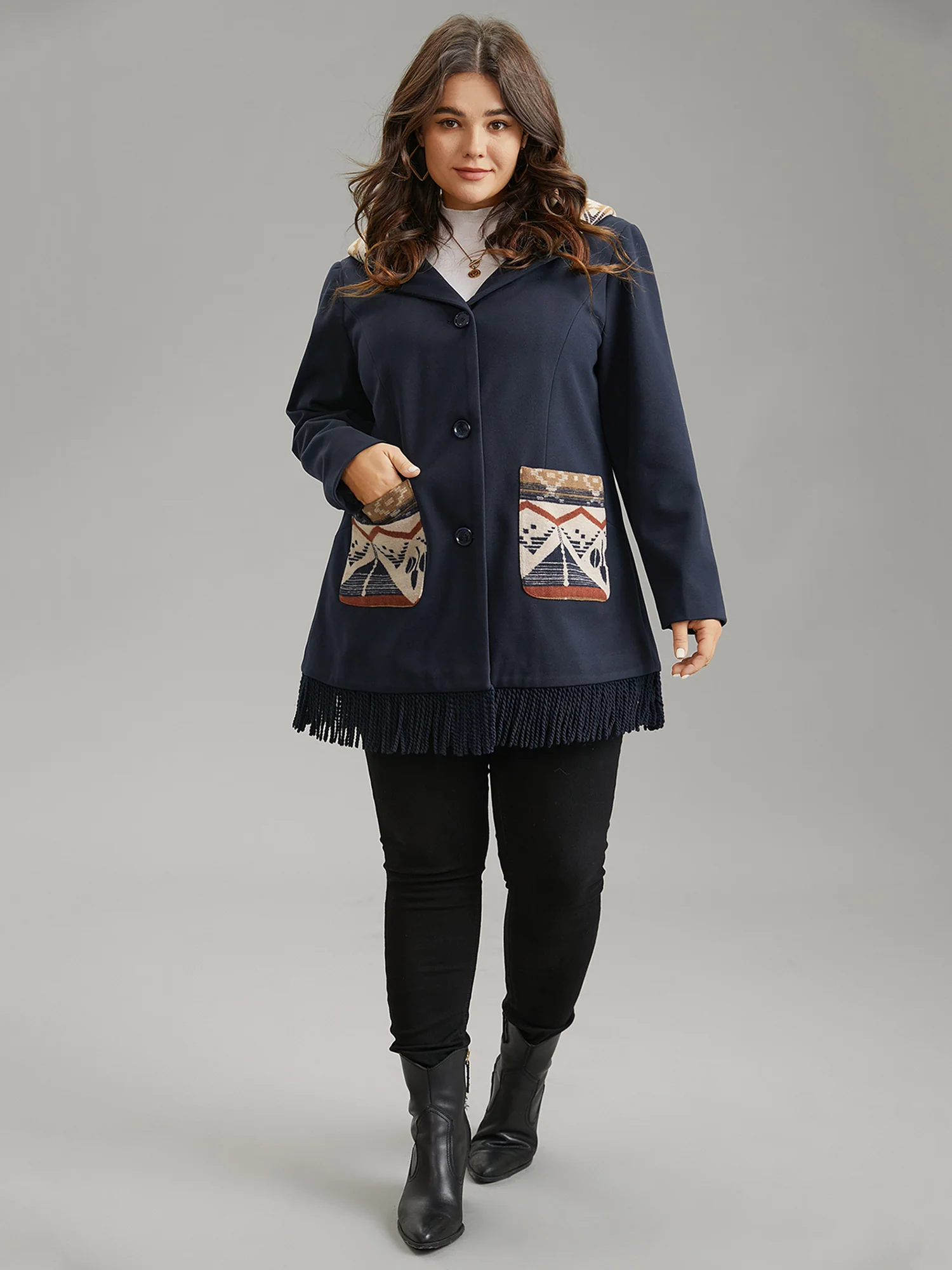 Geometric Contrast Hooded Tassel Trim Coat - Image 3