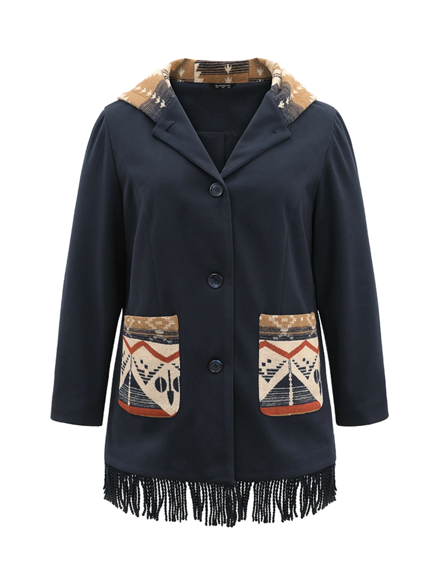 Geometric Contrast Hooded Tassel Trim Coat - Image 6