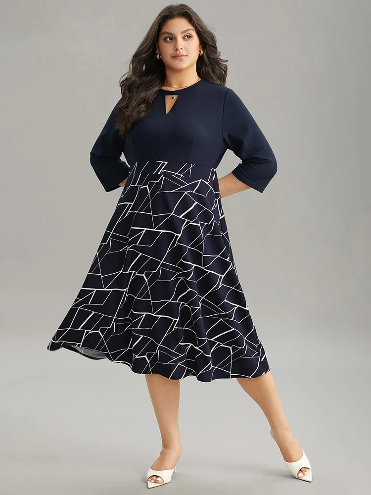 Geometric Contrast Keyhole Elastic Waist Dress - Image 2