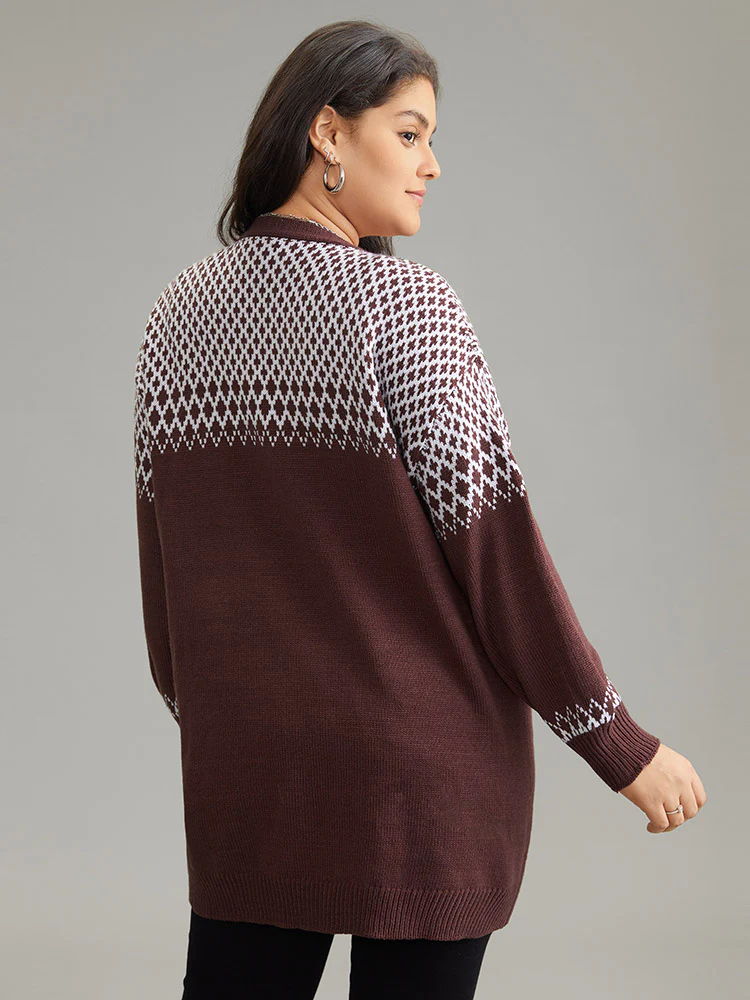 Geometric Contrast Patched Pocket Jacquard Cardigan - Image 2