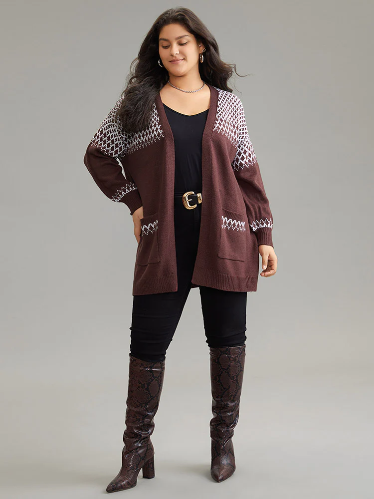 Geometric Contrast Patched Pocket Jacquard Cardigan - Image 3