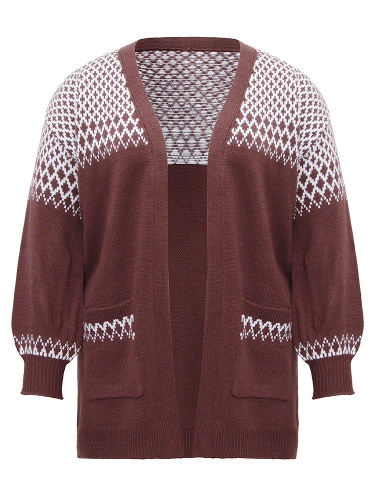 Geometric Contrast Patched Pocket Jacquard Cardigan - Image 5